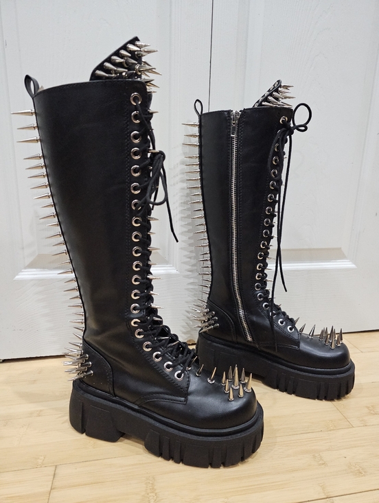 Dolls Kill Shoes - Rare Dolls Kill Widow Punk Goth The Problem Child Black Silver Spiked Knee Boots